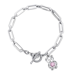 High Quality Stainless Steel Paperclip Chain OT Clasp Closure pink Color Crystal Bear Charm Bracelet - Product Image 1