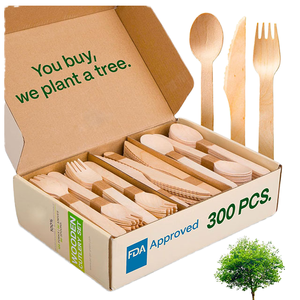 Ensemble de 300 couverts jetables en bois, sans éclats, style bambou, fourchettes, cuillères, couteaux pour fêtes et camping - Product Image 1