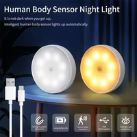Veilleuses USB à lumière LED avec capteur de mouvement rond, lampe rechargeable pour cuisine, chambre, escalier, armoire, garde-robe, veilleuses