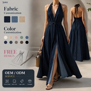 Robe longue d'été décontractée en jean uni pour femme, col halter, décolleté plongeant en V, sans manches, dos nu, ceinturée, fente avant, coupe trapèze, idéale pour les vacances - Product Image 1