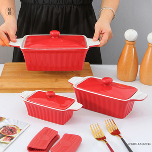 Juego de bandejas para hornear de cerámica Chaozhou, rojo, 3 piezas con tapa, apto para horno, para hotel, café, té - Product Image 5