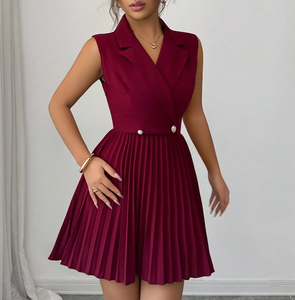 <span class=keywords><strong>Abito</strong></span> <span class=keywords><strong>Mini</strong></span> da Donna con Colletto Blazer Senza Maniche Bordeaux 2026, Doppio Petto e Pieghe, per Ufficio e Feste - Produzione ODM OEM Personalizzata - Product Image 4
