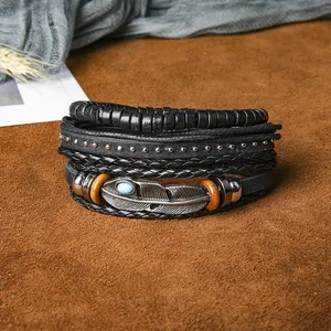 Black Feather Leather Bracelet Set Turquoise Woven Bracelet Men's Beaded Handmade Jewelry