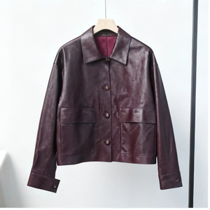 Giacca da <span class=keywords><strong>donna</strong></span> vintage in pelle di pecora <span class=keywords><strong>cerata</strong></span> rosso vino, modello ampio con risvolto a camicia, spalle scese, taglio corto, stile retrò, per il commuting - Product Image 2
