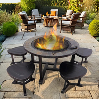 Portable 1 Table & 4 Tabourets Patio Mobilier de Jardin Extérieur Ensemble avec Bois Brûlant Sans Fumée Foyer Table À Manger et Barbecue Grill