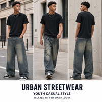Jeans droits pour hommes en stock – Pantalon en denim ample coupe décontractée Y2K Streetwear Vintage délavé cinq poches avec anneau en D – Été Automne