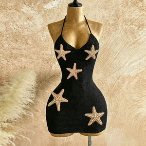 Vestido Mini Negro de Punto con Cuello Halter, Lentejuelas de Estrella de Mar, Ajustado, Sin Mangas, Casual, para Vacaciones en la Playa - Product Image 5