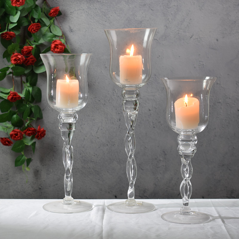 Candleholder Sets Wedding Glass Stem Hurricanes Set of 3 Tall Glass