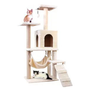 Furnitur Kondominium Pohon Kucing Multi-Level dengan Dinding Pohon Panjatan Kucing Tiang Penggaruk Sisal Tertutup