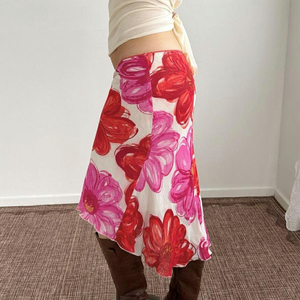 Jupe midi asymétrique taille basse pour femme, motif floral, respirante, écologique, sexy, style club, idéale pour les vacances à la plage - Grande vente d'été - Product Image 4