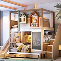 JS FURNITURE Nouveau design Lit double en bois de luxe pour enfants Meubles de chambre à coucher Lit en bois avec toboggan en arc et escalier de rangement