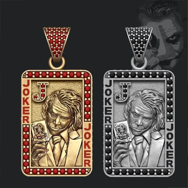 Duyizhao 316L Stainless Steel JOKER Playing Card J Clown Fill Red Black Zircon Pendant Hip Hop Necklace for Men Women