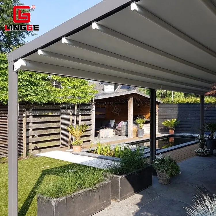 Outdoor Pergola PVC Fabric Cover Gazebo With Gutter Electric Folding Roof Retractable Pergola