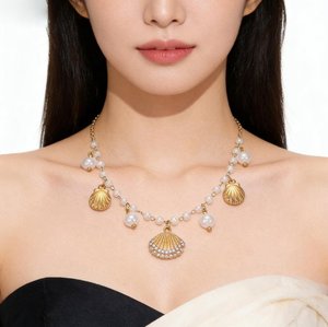 ファッショナブルな高級18K金メッキステンレスネックレス、シェルジルコンと人工パールビーチスタイルビーズペンダント付き - Product Image 4