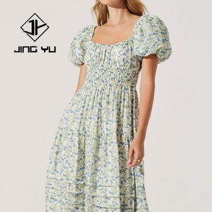 Vestido de Playa de Diseño de Fábrica, Mangas Abullonadas, Cuello Cuadrado Plisado, Vestido Floral, Vestido Maxi de Rayón Voile 100% Personalizado - Product Image 4