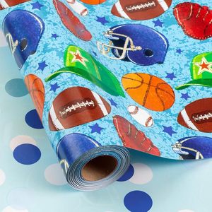 Blue Sports Themed Wrapping <b>Paper</b> <b>Roll</b> Ball Game Design Gift <b>Wrap</b> For Birthday Baby Shower Gender Reveal Party - Product Image 1