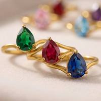 Cincin Solitaire CZ Potongan Pir 12 Warna Grosir, Lapis Emas 18K PDV, Cincin Batu Permata Bentuk Air Mata dengan Tali yang Dapat Disesuaikan untuk Wanita, Grosir