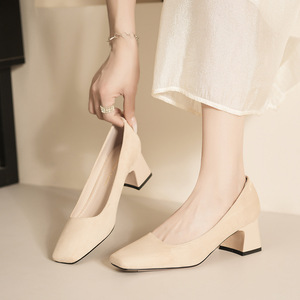 5688C Square Toe Pumps Suede <b>Block</b> Heel Medium Height Office Shoes Breathable Women's Daily Wear - Product Image 3