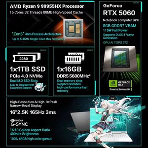 Ordinateur portable de jeu Tianxuan 6 Pro, AMD R9 9955HX, RTX 5070, 16 pouces, 2.5K, 165 Hz - Product Image 4