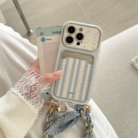 Étui de téléphone de luxe à rayures bleues et motif floral, avec porte-cartes, cordon et anti-traces de doigts pour iPhone 16/15/14 Pro Max – Mignon pour femmes