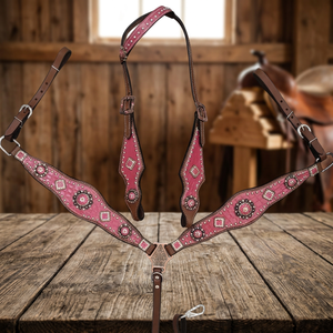 Superbe ensemble d'équipement d'équitation en cuir véritable rose vif, style selle anglaise, avec têtière et plastron, léger, pour l'équitation saisonnière - Product Image 3
