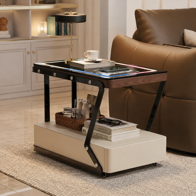 Modern Wood Smart Coffee Table with Storage Wireless Charging and RGB Lighting for Living Room Furniture