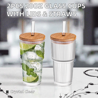 Lot de 2 verres classiques WANFAN personnalisables de 20 oz à large ouverture, côtelés, transparents, avec couvercles en bambou et pailles, pour thé au lait et jus de fruits