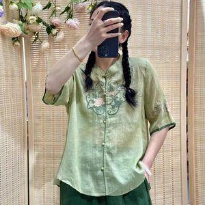 Traditional Chinese Embroidered Cotton Linen Short Sleeve Shirt Women Rose Pink Green Beige Summer Tea Dress Top - Product Image 2