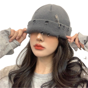Beanie Hats Winter Warm Knitted Hip Hop Distressed Cap with Pin 100% Acrylic Unisex - Product Image 1