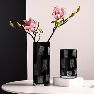 Jarrón de Vidrio Negro Soplado a Mano <span class=keywords><strong>BRAVO</strong></span>, Textura Plateada, Estilo Artístico Moderno y Lujoso, Jarrón Decorativo para el Hogar, Sala de Estar, Hotel - Product Image 1