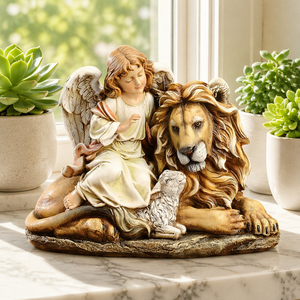 Statuetta <span class=keywords><strong>in</strong></span> Resina di Angelo Seduto con Leone e Agnello, 29 cm - Product Image 3