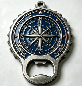 Porte-clés boussole en métal, ouvre-bouteille, émail bleu, aspect étain, cadeau promotionnel - Product Image 1