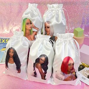 GS Custom branded human hair extension storage wig, packaging bags black satin drawstring bags for bundles,moq 1 pcs
