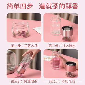 Floral Tea Cup Glass Double Layer Insulated With Filter Portable Gift For Men Women - Product Image 3