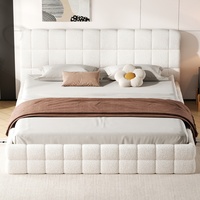 Lit plateforme moderne en tissu blanc avec tête de lit capitonnée et sommier à lattes, 10 lattes en bois pour chambre à coucher