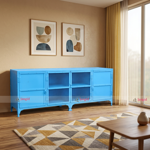 Meuble TV industriel moderne en métal avec rangement, 4 portes, artisanat indien, pour hôtel, salon, ferme - Product Image 3