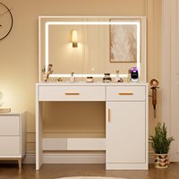 Moderner Holz-Schminktisch 35,4 Zoll mit LED-Spiegelbeleuchtung, Ladestation, 2 Schubladen und großem Schrank