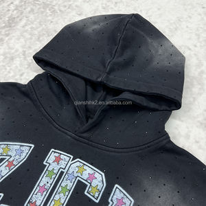 Vintage Drop Shoulder Printed Cotton Hoodies Custom Raw Edges Acid Wash Hoodie <b>Streetwear</b> Oversized Rhinestone Hoodie For Men - Product Image 3