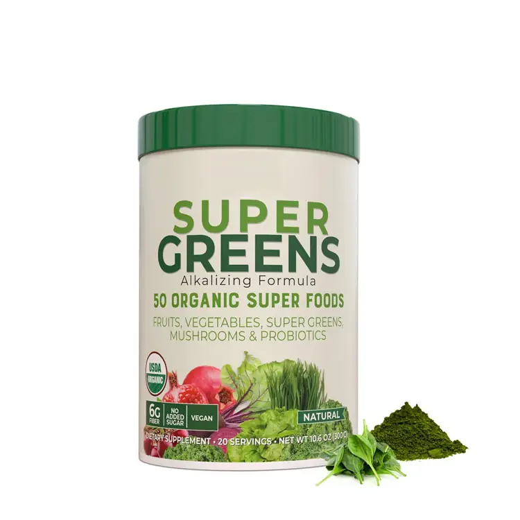 Suplemen hijau Super bubuk makanan Super organik buah, jamur sayuran & probiotik untuk mendukung energi