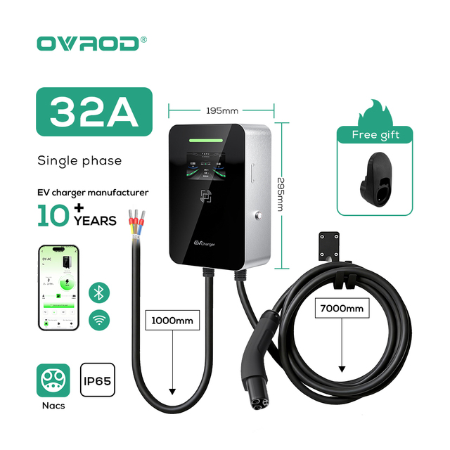 Ovrod NACS Wall Mounted AC EV Charger 32A 7kW Level 2 with WiFi Smart App for Residential Home