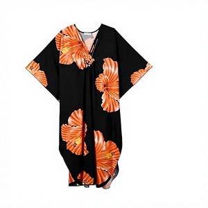 Floral Print Chiffon <b>Kaftan</b> Dress V-Neck Loose Maxi <b>Summer</b> Casual Wear Cap Sleeve Breathable Straight Hem - Product Image 1