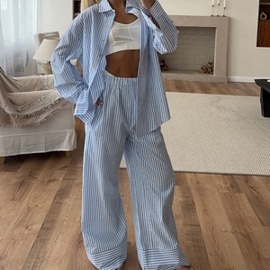 Ensemble tendance décontracté pour femmes, en coton et lin rayé, avec dentelle, manches longues et pantalon long, personnalisable, OEM - Product Image 2