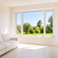 Ventana Abatible de Aluminio de Tres Paneles con Cristal Fijo Central Grande y Apertura Exterior en Ambos Lados para Balcón