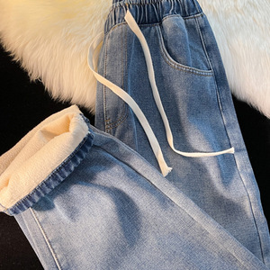 Jeans en denim doublé <span class=keywords><strong>polaire</strong></span>, épaissi, coupe bootcut, vintage, pour femmes, hiver, nouveau, rembourrage en coton, taille élastique - Product Image 2
