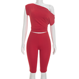 Viviblook D26ST276 Ensemble Automne Femme Nouveaux Tenues Couleur Unie Haut Court à Épaules Dénudées Manches Courtes et Pantalon Cropped Deux Pièces - Product Image 5