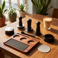 Ensemble d'accessoires à café en bois massif Sapele, trois pièces : tamper, marteau, tissu, 51/53/58 bars, avec planche de rangement simple