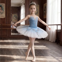Gaun Tutu Balet Swan Lake Anak Tanpa Lengan dengan Renda Tulle Pancake untuk Anak Perempuan, Bahan Spandex/Polyester untuk Pertunjukan