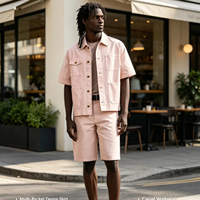Setelan Kemeja Denim Lengan Pendek Multi-Saku Warna Pink Muda Pria 2026, Celana Pendek, Fit Longgar, Kancing Warna Emas, Cepat Kering, Kasual