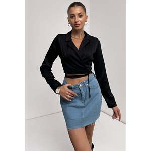 Blusa Corta de Moda para Mujer DEFILE, Blanca, con Cuello Camisero y Cintura Ajustable con Lazo, Mangas Largas, Elegante Top de Mezcla de Poliéster y Lycra - Product Image 4