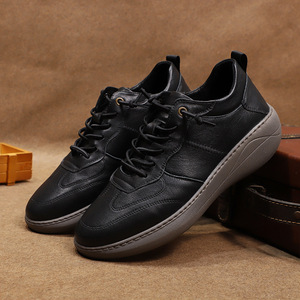 Men <b>Round</b> Toe Lace Up Genuine Cow Leather Walking Shoes <b>Cushioned</b> Rubber Outsole Solid Color - Product Image 1